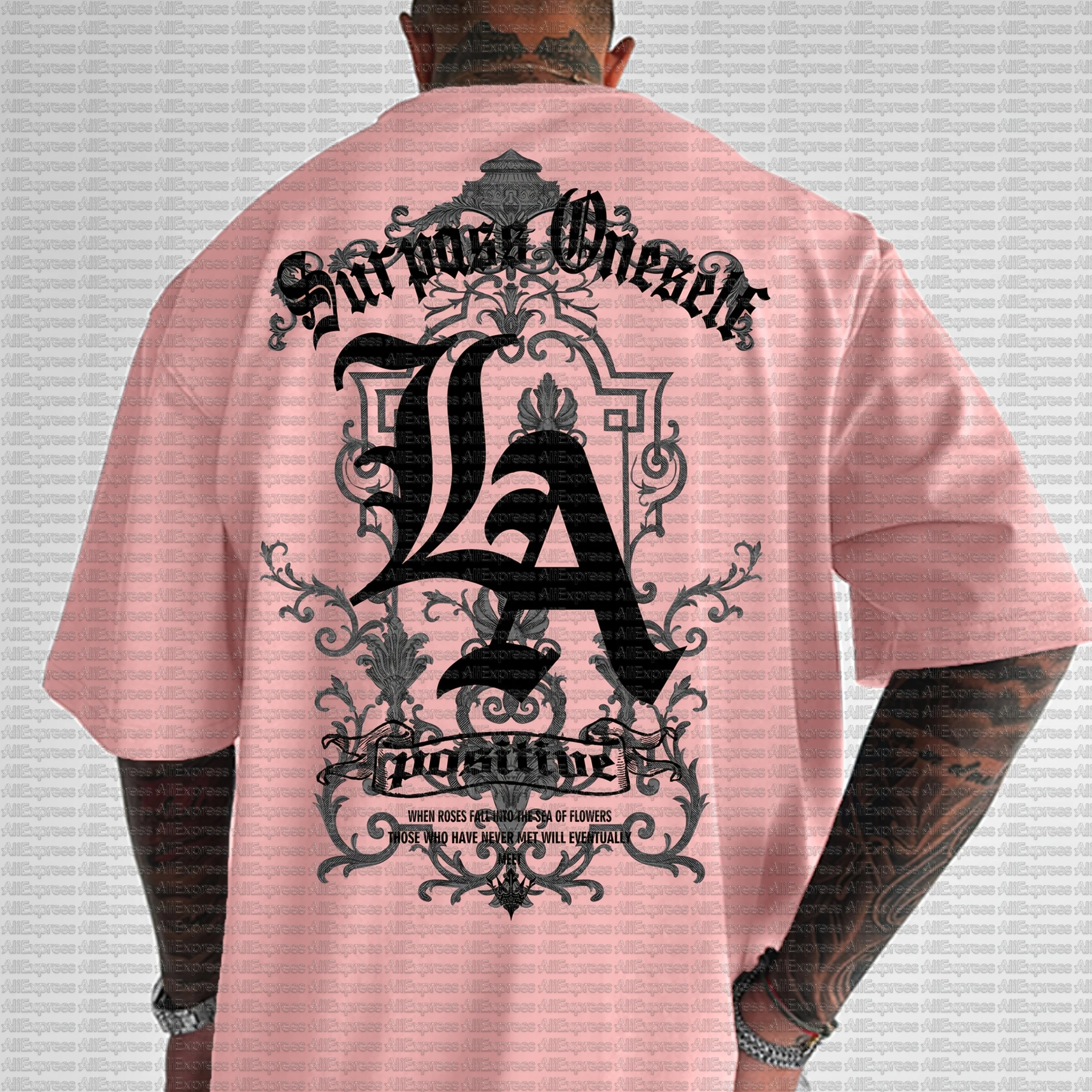 تي شيرت رجالي صيفي سريع الجفاف عصري كاجوال رياضي فضفاض من الخلف كبير مطبوع عليه حرف LA برقبة دائرية وأكمام قصيرة