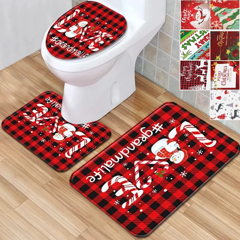 

Christmas Decor Bath Mats 3PC Set Polyester Non Slip Quick Dry Absorbent Toilet Lid Cover U Shaped Rug for Bathroom Kitchen Door