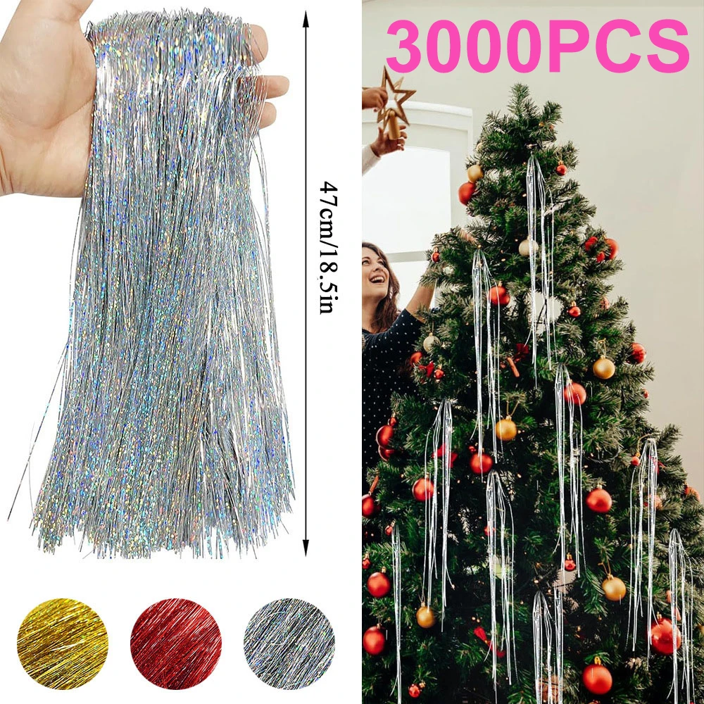 3000PCS Strands Icicles Iridescent Tinsel Foil Fringe Garland For Christmas Xmas Tree Decorations Party Supplies Holiday Decor