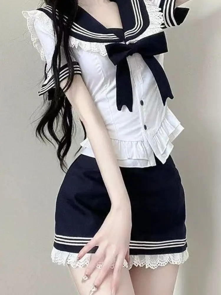 Hot Girl Uniform Set Pure Desire Summer School Navy Collar Waist Cinched Shirt And Short Skirt Two Piece Set Fashionable Work...