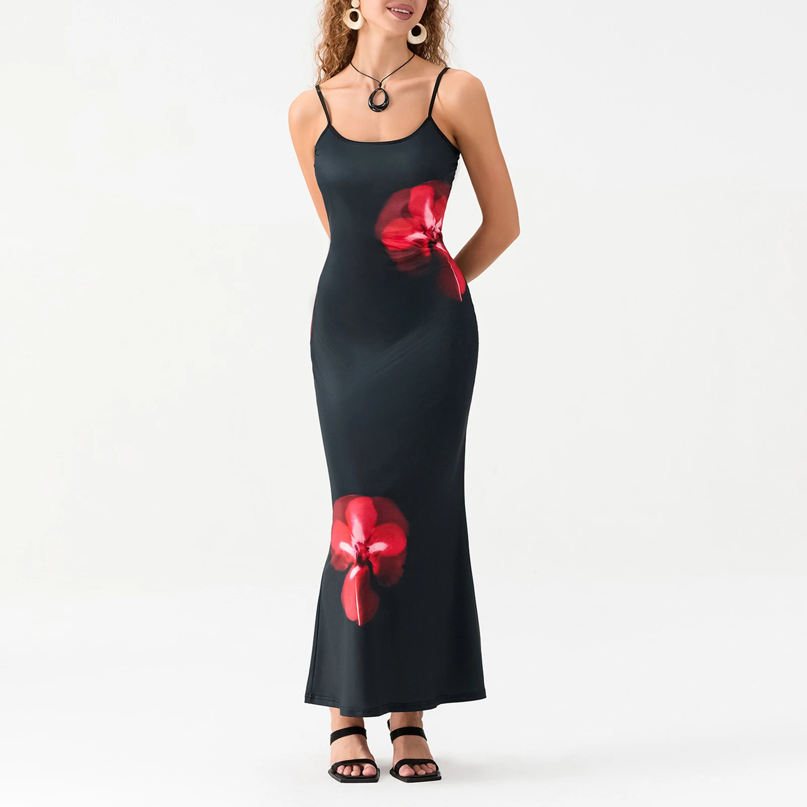 Sleeveless Spaghetti Strap Backless Long Bodycon Dress Women Summer Flower Print Sexy Skinny Cami Dress