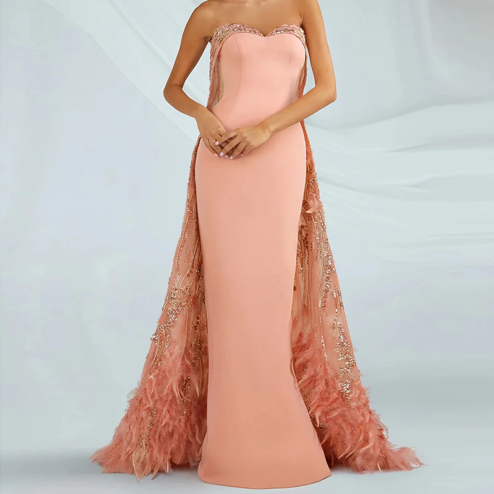 

Customized Exquisite Mermaid Evening Dresses Floor-length Sleeveless Prom Gown Fashion Sequined Feathers Backless Party Gown