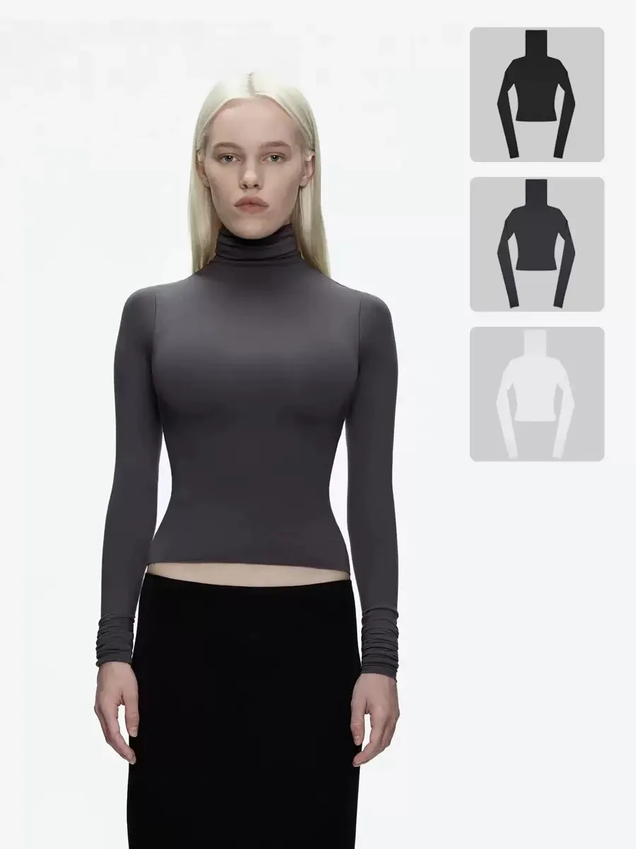 

Tank double fabric high neck long sleeve slim stretch knit base top