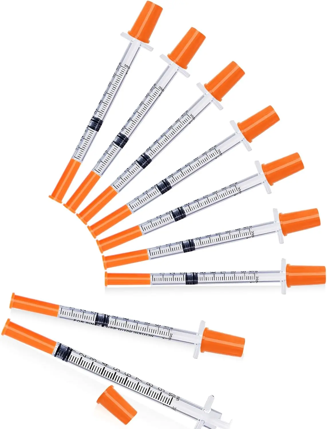 Jeringa  insulina sechable, 100 Uds., 1ml/cc, 30G, con aguja  8mm, inyector esterilizado naranja envuelto Individual