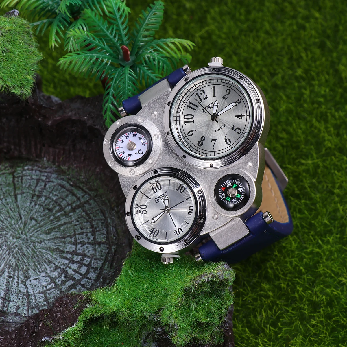 

1pcs Temperature Compass Watch Blue Strap Dual Quartz Movement Outdoor Sports Men'S Multi Display