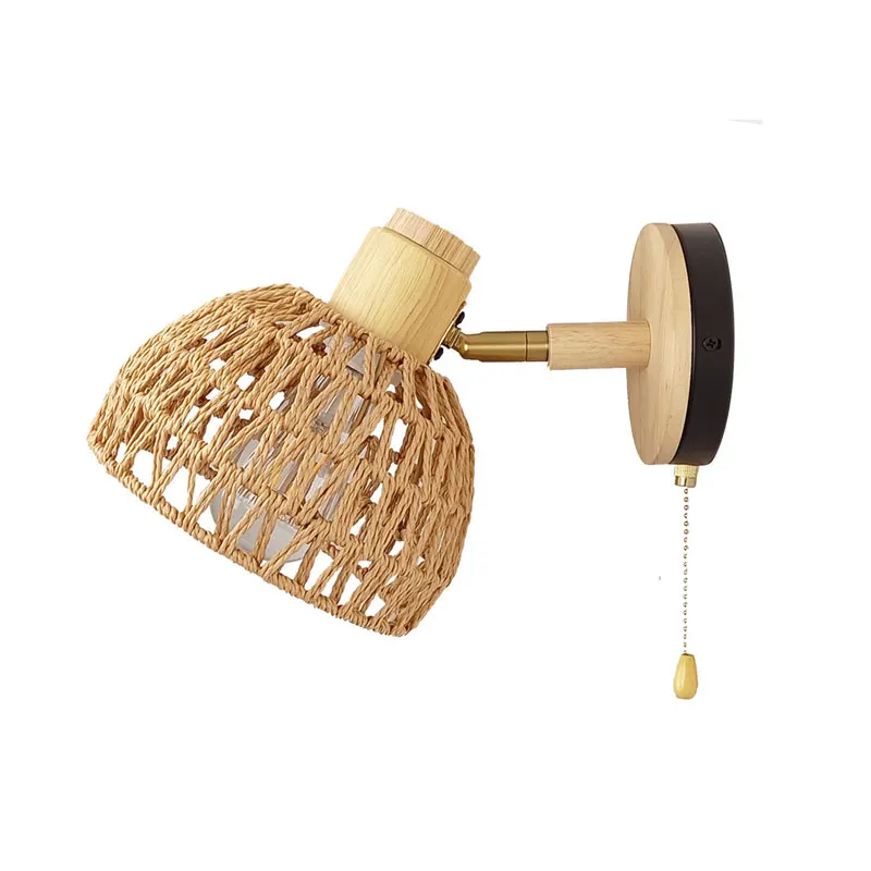 Japanese Rattan Wall Lamp Creative Hand Woven Rural Retro Restaurant Bedside With Zipper Wall Light Mirror Headlight