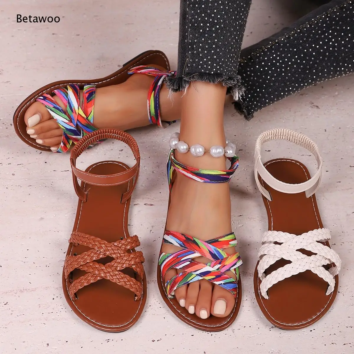 2026 Woven Crisscross Strap Elastic Ankle Flat Sandals Brown Multicolor Off White Plus Size Women Summer Beach Casual Walking Sh