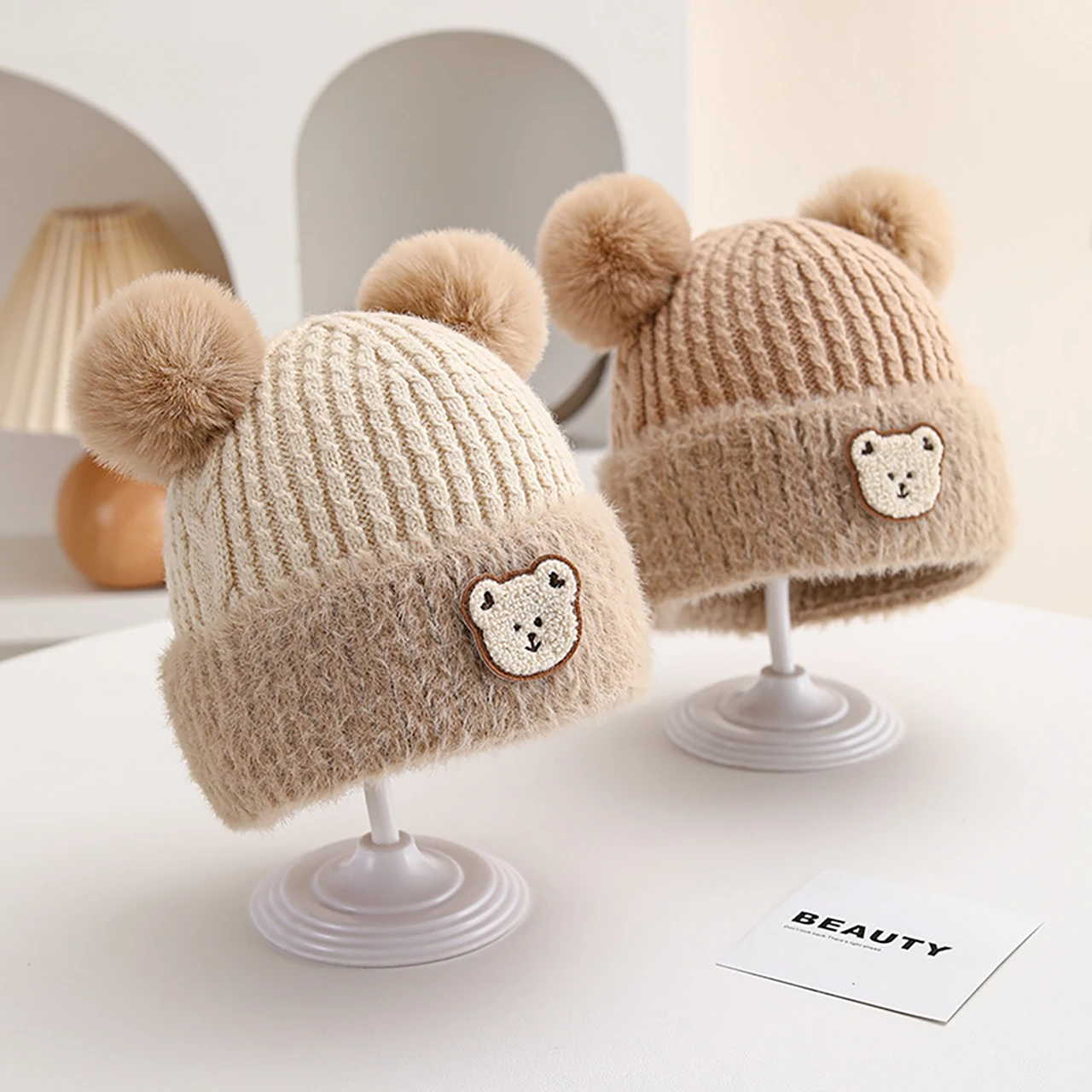 

Cartoon Cute Bear Baby Hat Soft Plush Thicken Windproof Warm Winter Knitted Toddler Pompom Hat Boys Girls Infant Beanies Bonnet