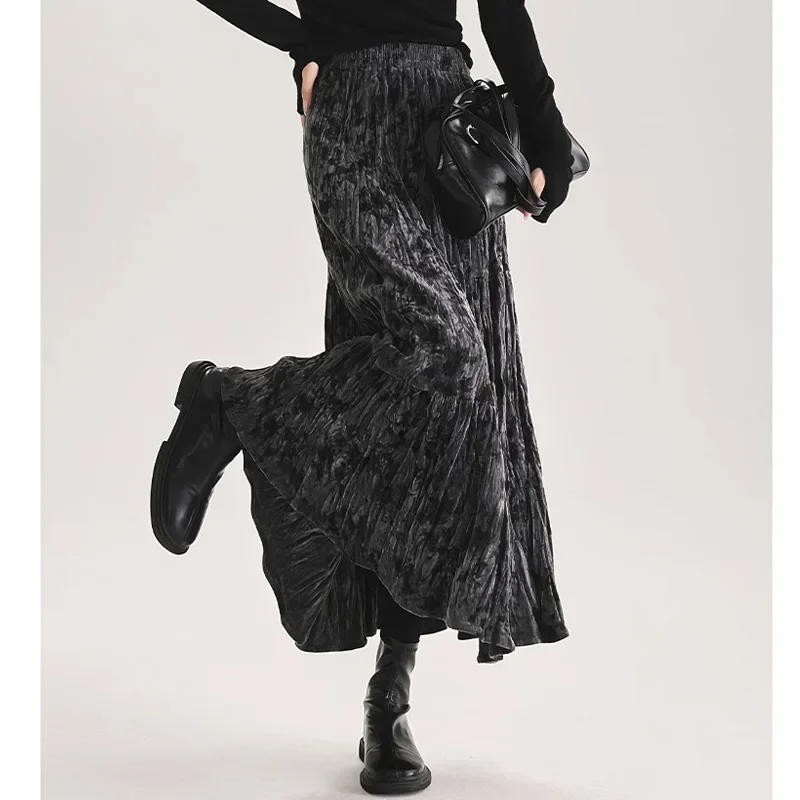 ارتفاع الخصر سميكة المخملية الملمس مطوي مظلة تنورة المرأة المألوف الشتاء نمط جديد نصف طول التنانير #2