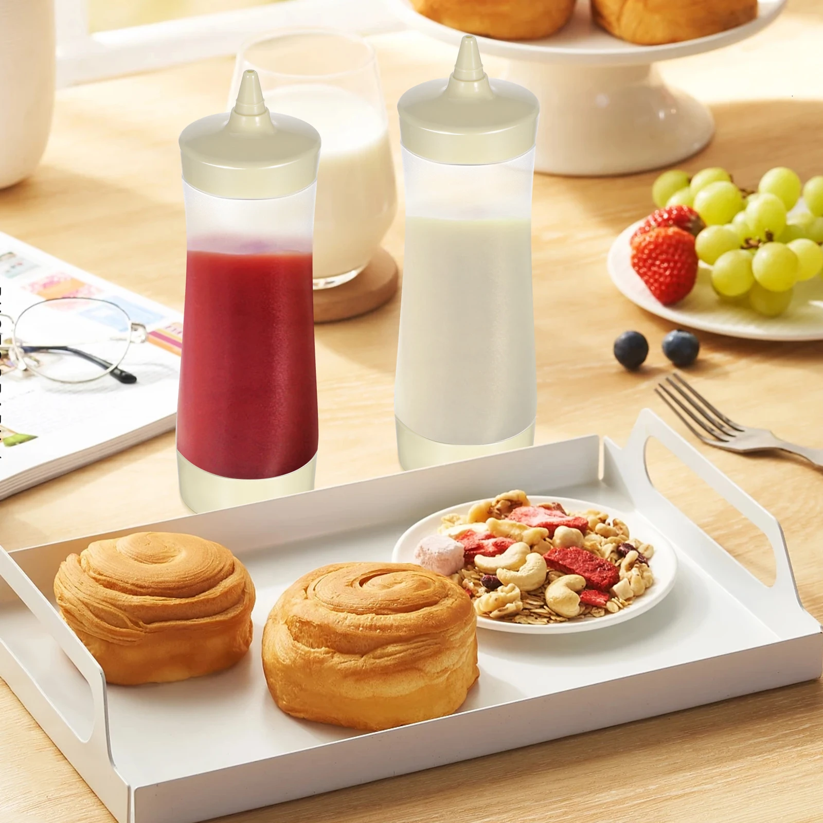 

3pcs Squeeze Bottles Eco Friendly Food Grade Plastic Leak Proof Sauce Dispenser Pink Beige Travel Kitchen BBQ Camping