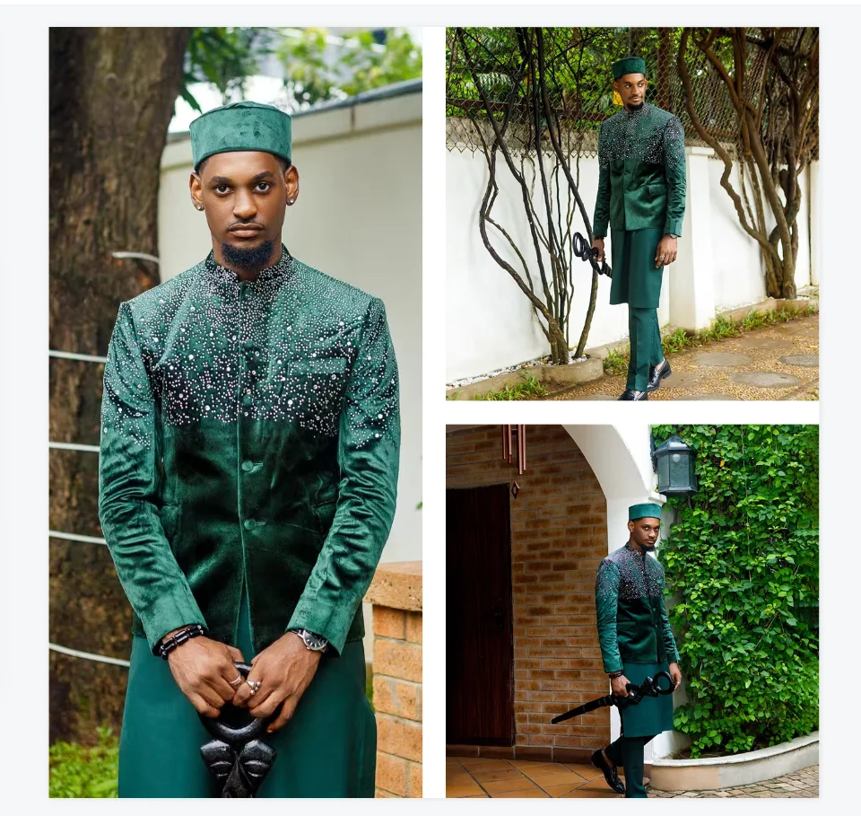 

Green Velvet Men Suits 2 Piece Long Blazer+Pants Wedding Tuxedo Crystals Coat Customized Formal Office Business Jacket Trousers