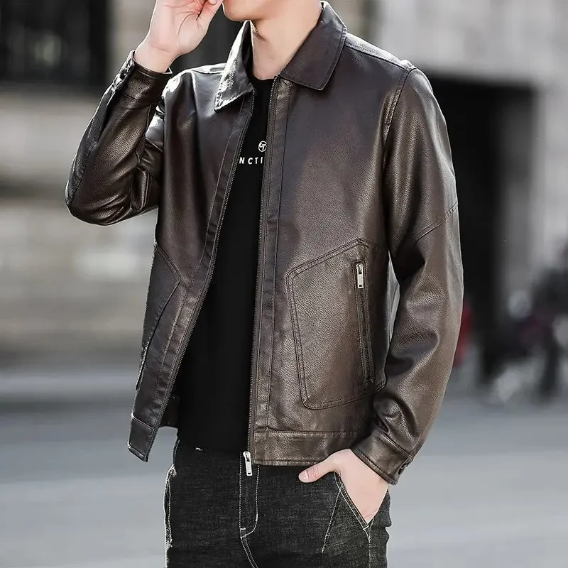 

Leather PU Coat Men Soft 2024 New High-End Casual Versatile Spring and Autumn Thin Lapels Jacket