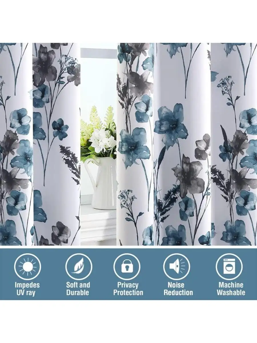 2 Panels Blackout Floral Curtains With Black Liner Thermal Insulation For Bedroom
