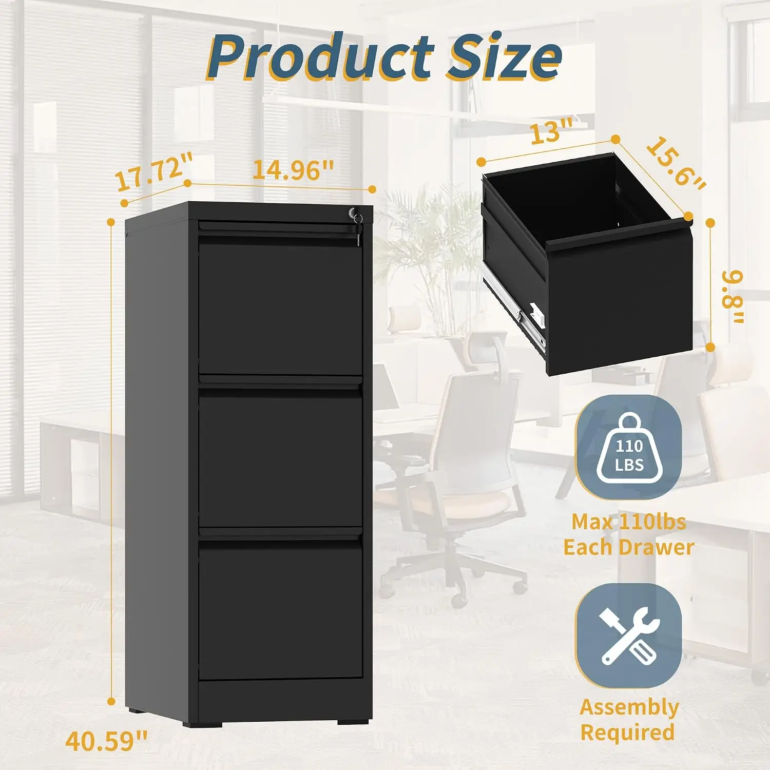 3-Drawer Metal File Cabinet with Lock for Home Office, Heavy Duty Storage for Letter/Legal/A4/F4, Black, Customized