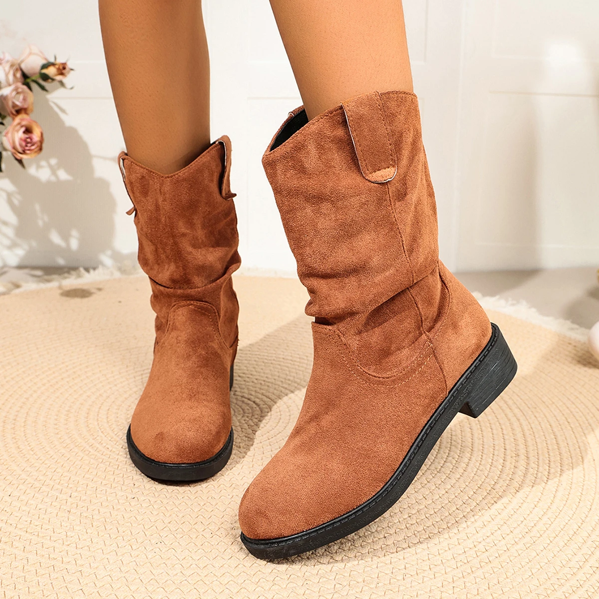 Herbst- und Wintermode Retro Braune Western-Cowboystiefel Damenstiefel Neuer Look Schlanke Dicke und Gestapelte Kurze Stiefel – Detail 2