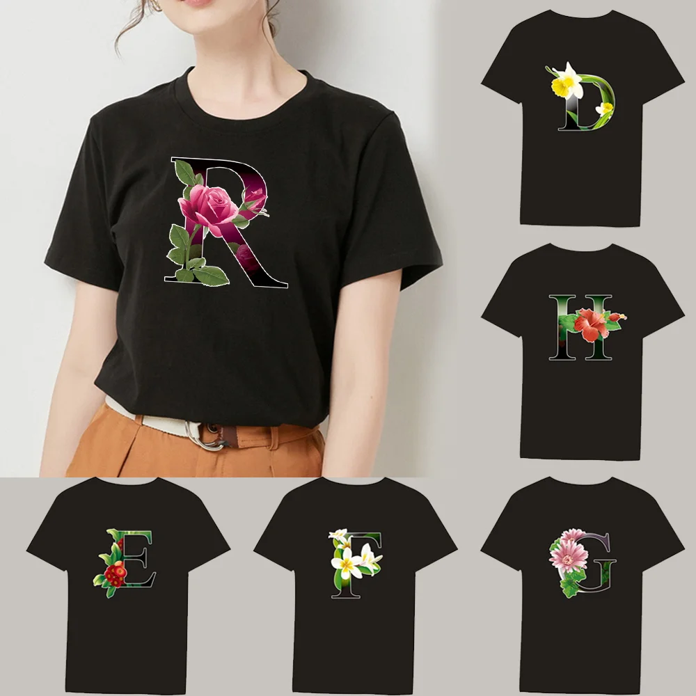 

Vintage T Shirts for Women Flower Color Letter Print Harajuku Tee Top Short Sleeve O-Neck T Shirts Women Clothing Camiseta