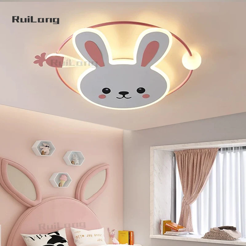 

Led Children's Room Ceiling Lights Cute Bunny Rabbit Lamp Cartoon Pink Chandelier Nursery Baby Boys Girls Bedroom Ceiling Light