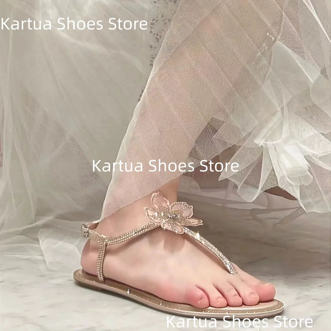 Women's Blush Pink Rhinestone Floral T-Strap Design Square Toe Flat Sole Sandals Ankle Buckle Luxurious Elegance Lady Beach Shoe