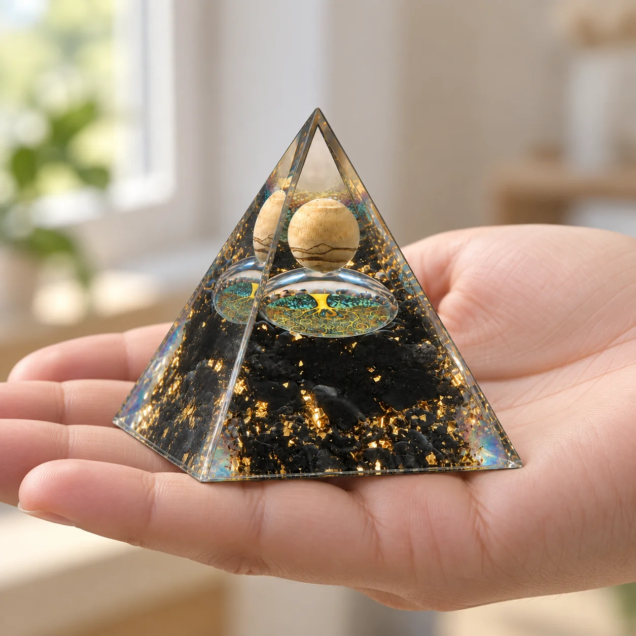 Orgonite Pyramid Tree of Life Symbol Natural Tiger Eye ball Obsidian Chips Gold Foil Orgone Healing Desktop Resin Decor Gift