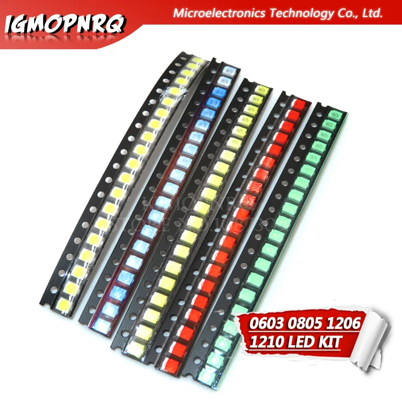 100 stücke = 5 farben x 20 stücke 1210 1206 0805 0603 led dioden sortiment smd led diode kit grün/rot/weiß/blau/gelb