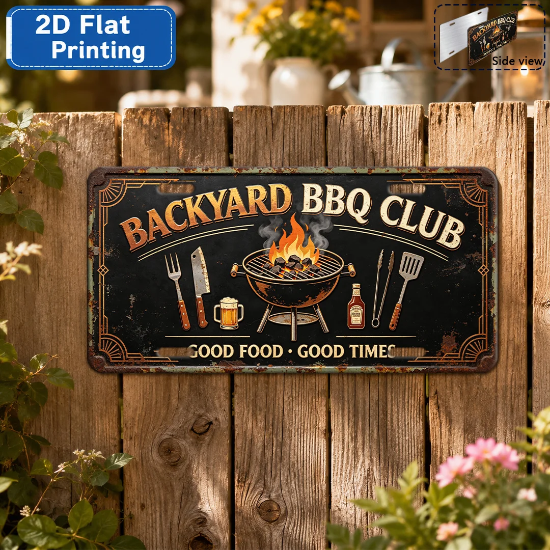 2D Flat - 【2D Flat】 1pc Retro Aluminum Backyard BBQ Club Vintage Slogan Plaque, Rustic Iron Outdoor Wall Art Suitable for Bar