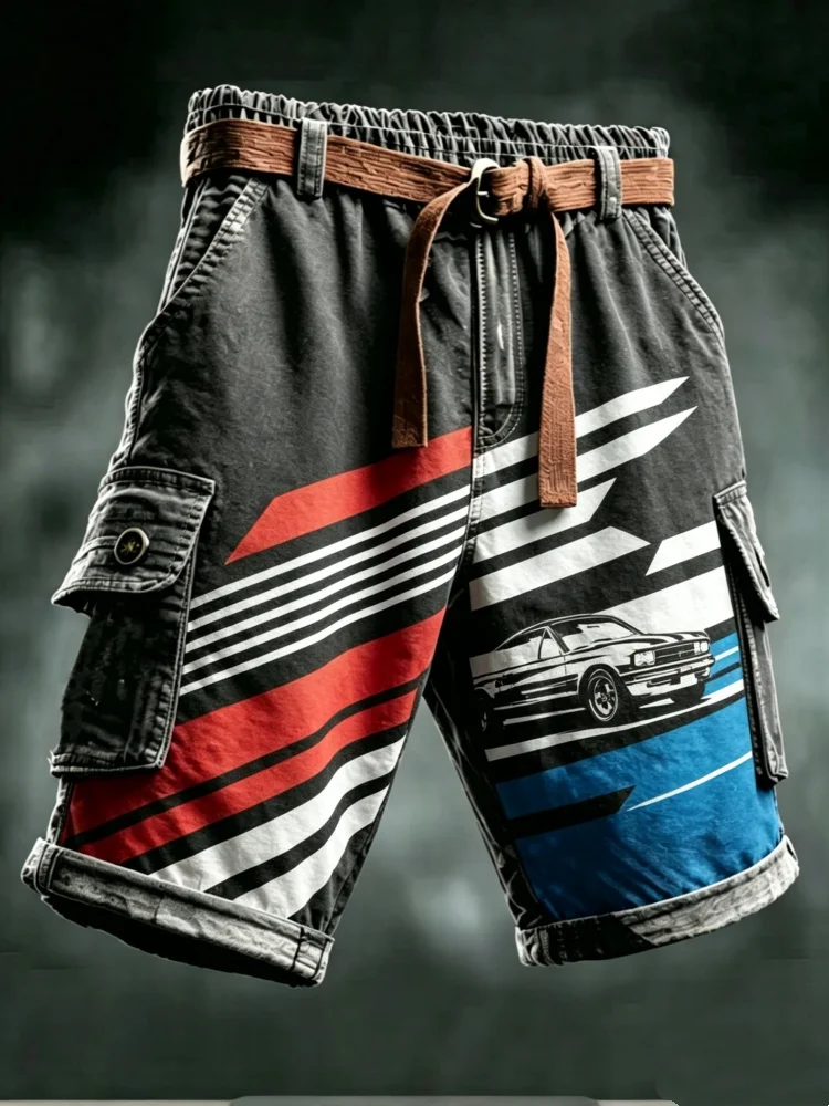 

Mens Cargo Shorts Vintage Racing Car Print Striped Loose Fit Streetwear Shorts with Belt
