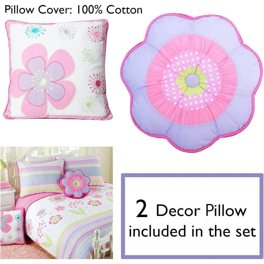 Pink Lavender Green Floral Print Girl 100% Cotton Reversible Quilt Bedding Set, Coverlet, Bedspread,Twin - 4 Piece