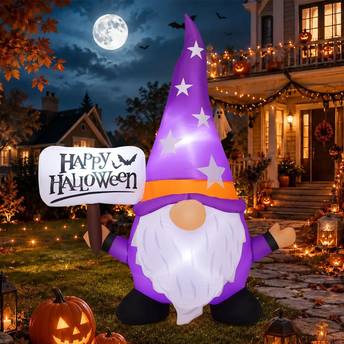 Halloween Inflatables Gnome with LED Lights 5FT Purple Star Sign Yard Decor Outdoor Holiday Decoration