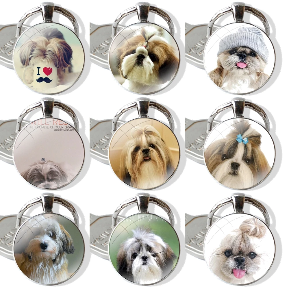 Keychain Handmade Glass Cabochon Key Ring Holder Pendant Key Chains Shih Tzu Shitzu Dog Puppy