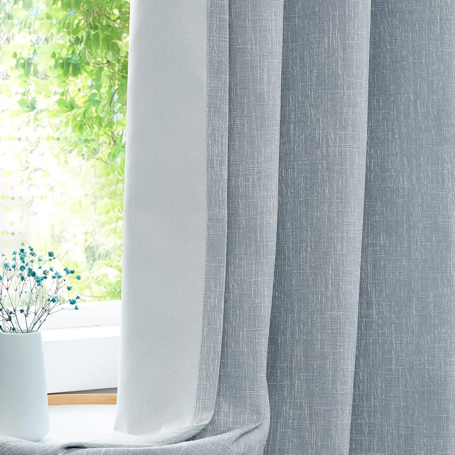 

Blue Solid Full Blackout Curtain Heavy Linen Texture Window Treatment For Bedroom Noise Reducing 100 Room Darkening Drapes 8