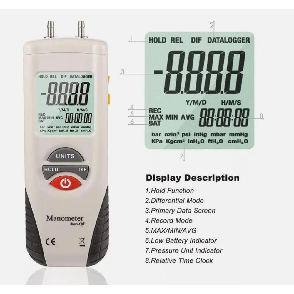 

HTI HT-1890 Handheld Digital Gas Pressure Gauge Manometer with Data Hold Dual Port Air Pressure HVAC Testing Meter