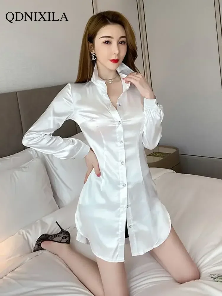 

Women's Shirt & Blouse Women's Extended Version High-end Sexy Silk Mid-length Shirt Elegant and Youth Woman Blouses