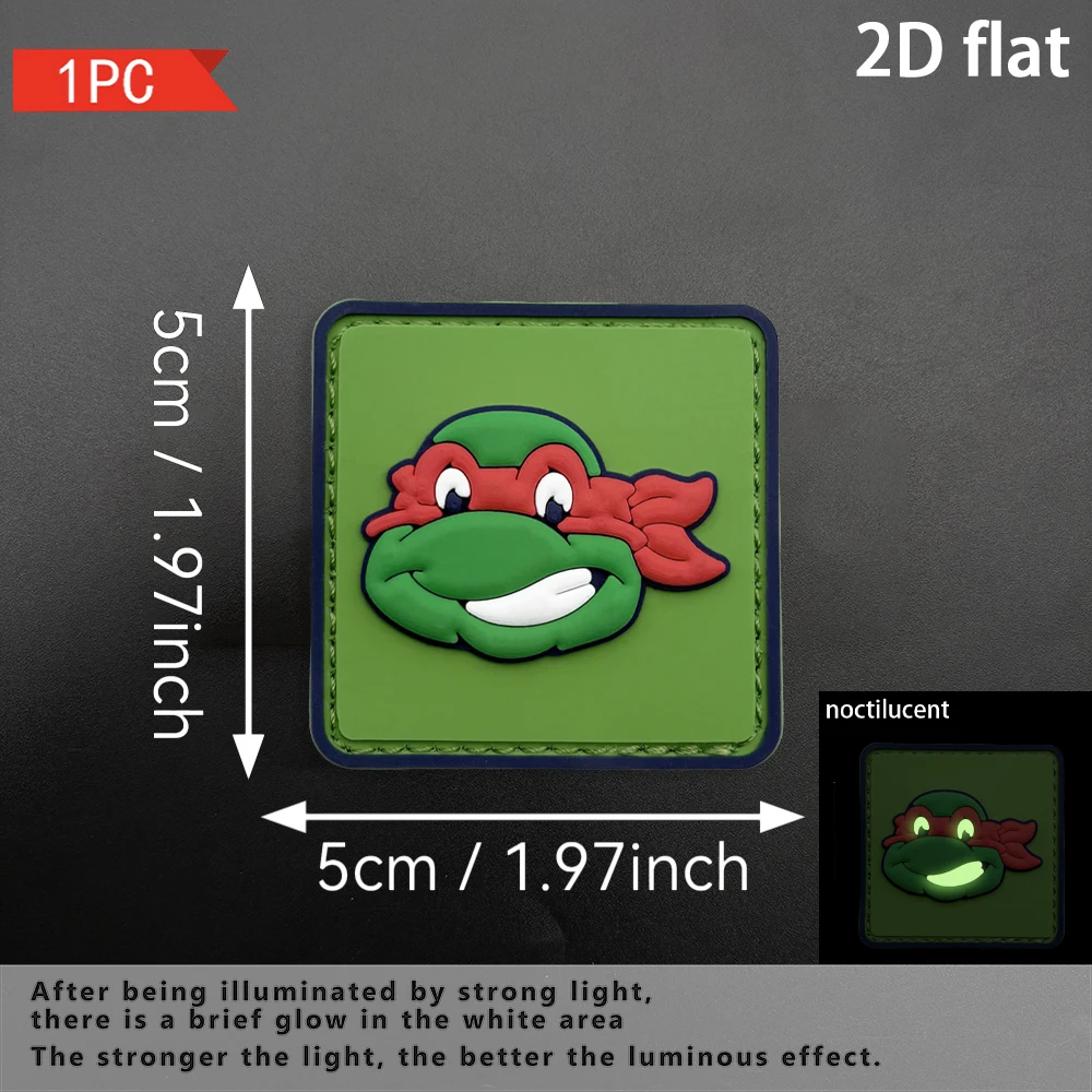Cartoon four-color turtle head square 2D flat PVC material with built-in glow-in-the-dark effect, morale patch, 1 piece, comes with a free rough-sided layered three-dimensional embossed border, not easy to peel off, functional tactical jacket personalized decorative badge accessory