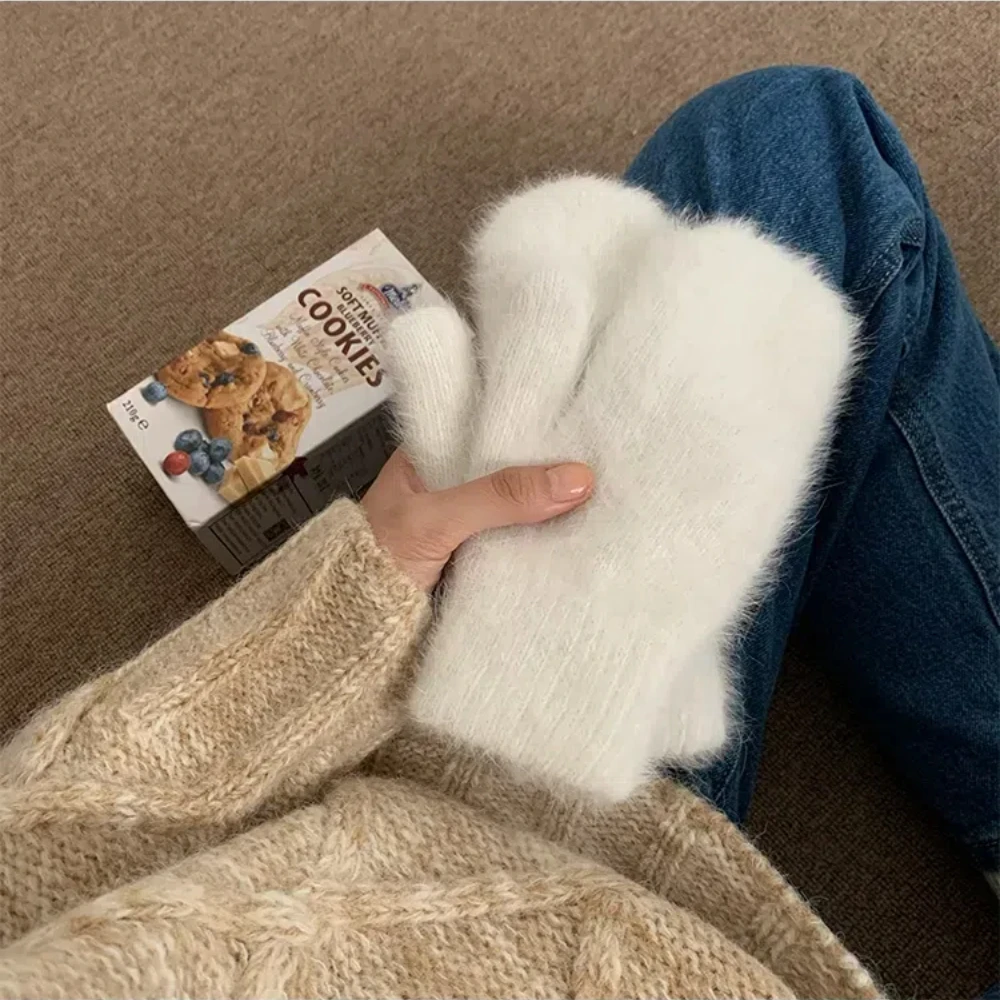 

Women Winter Keep Warm Plus Cashmere Solid Color Woolen Elasticity Soft Full Fingers Mittens Girls Black Fur Knitted Cute Gloves