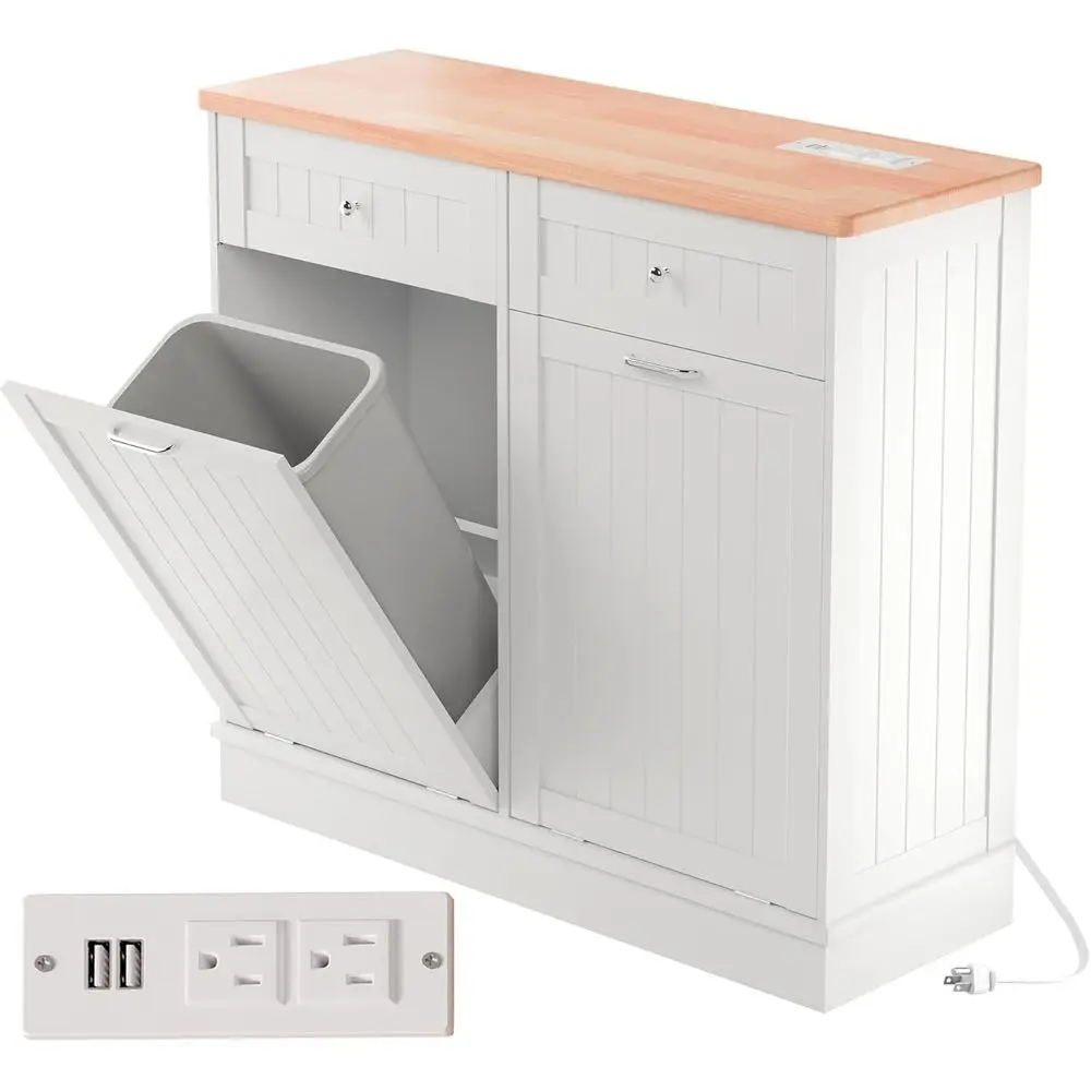

Double Tilt Out Trash Cabinet with Power Outlet, 10 Gallon Trash Cabinet with Storage,Pet Proof Trash Can with 2 AC & USB Socket