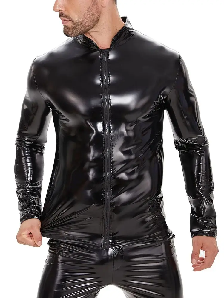 S-7XL Long Sleeve Stand Collar Wet Look PVC T Shirt Men Zipper Shiny PU Leather Tshirt Hip Hop Funny Shirts Tights Hot Shapers