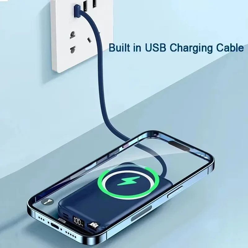 باور بانك محمول 20000 مللي أمبير في الساعة باور بانك مغناطيسي قوي لاسلكي مدمج في 3 كابل باور بانك شحن سريع لهاتف آيفون 15 وشاومي