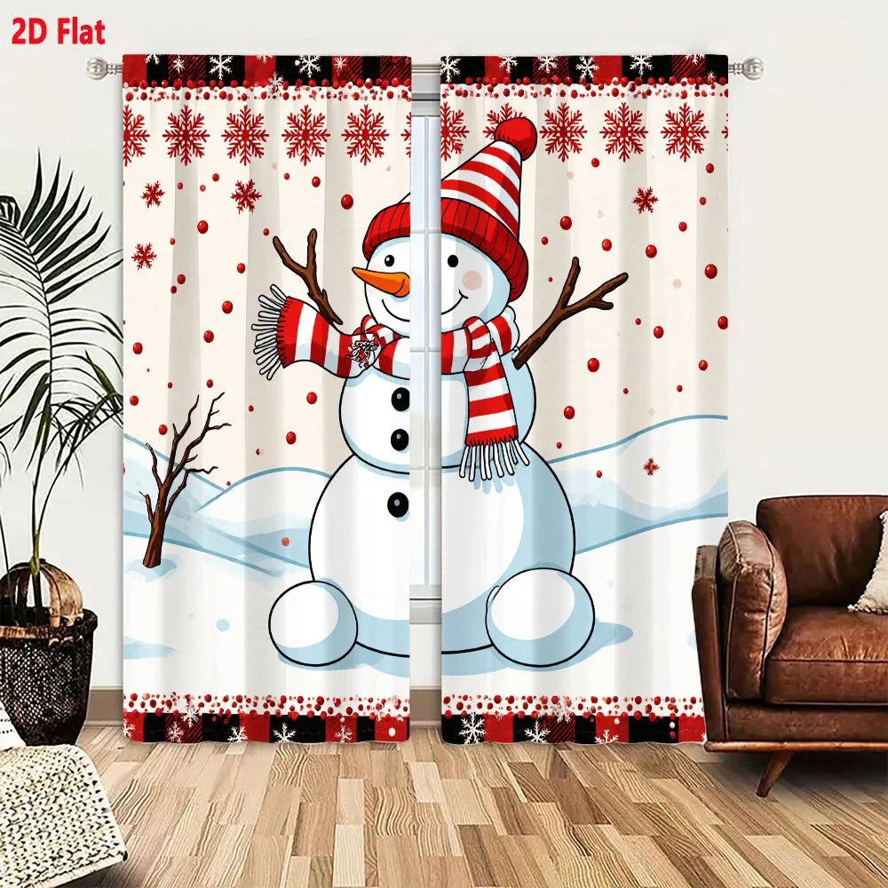 2Pcs Curtains 2D Flat Cheerful Cartoon Snowman With Round Body Buttons Carrot Nose Striped Hat Scarf Twig Arms In Snowy Winter S