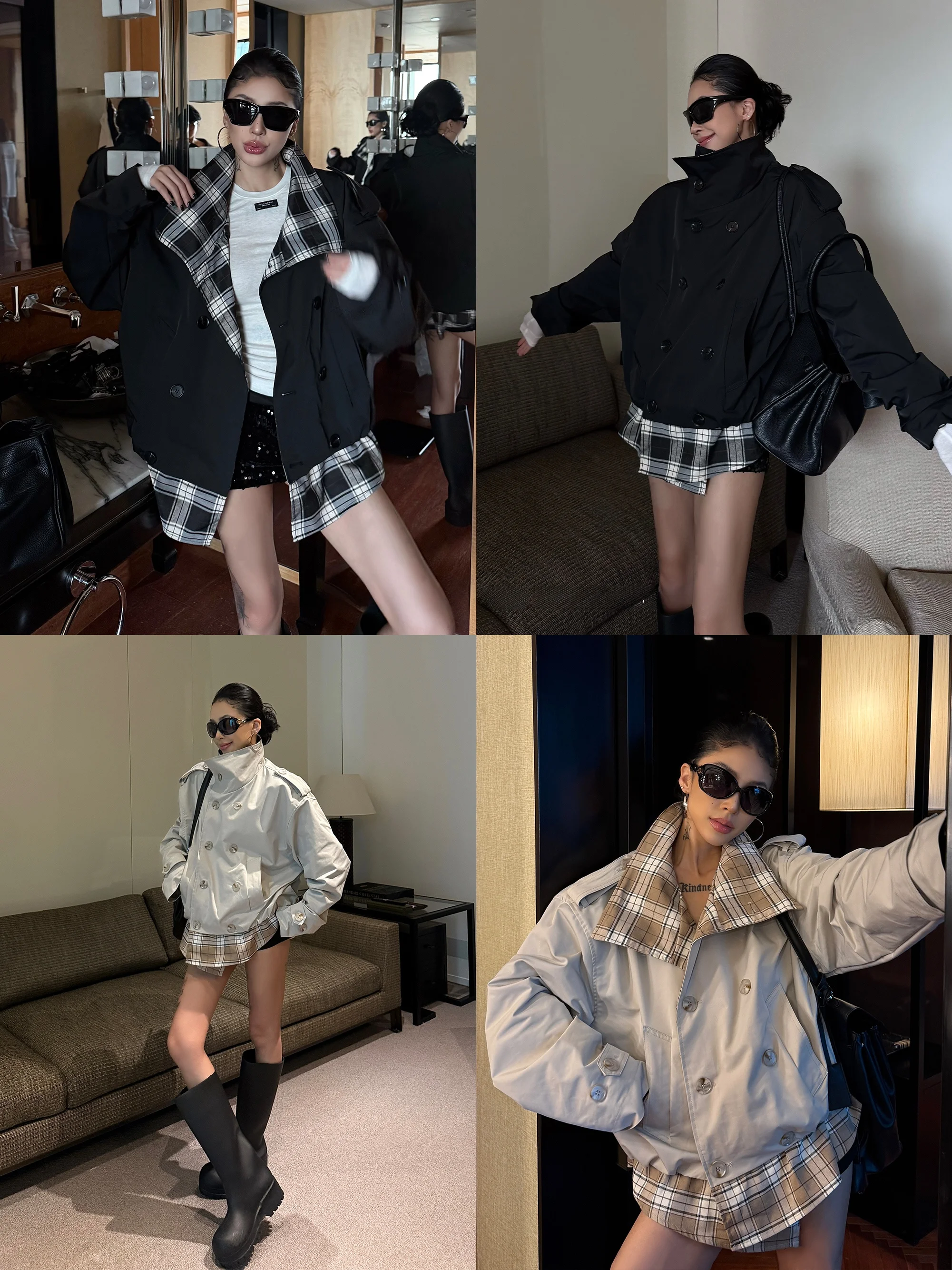 

Женское пальто Wild Zero Color Blo с клетчатыми вставками и воротником-стойкой, новинка ранней весны, модная свободная верхняя одежда