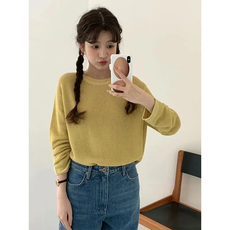 Lazy Casual Sle Dongdaemun verano otoño huevo lino manga larga tejido cubrir protección solar de las mujeres ajuste suelto ...