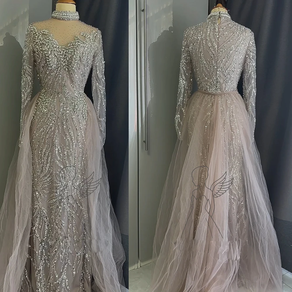 

Elegant High Neck Long Sleeves Mermaid Evening Dress Detachable Train for Women 2026 Formal Prom Wedding Party Gown Customized