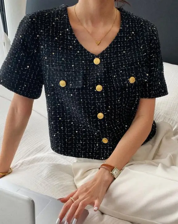 

Summer Sequin Decoration Elegant Small Fragrance Style Socialite Top Women's Fashionable Elegant Button Open Short Sleeved Top