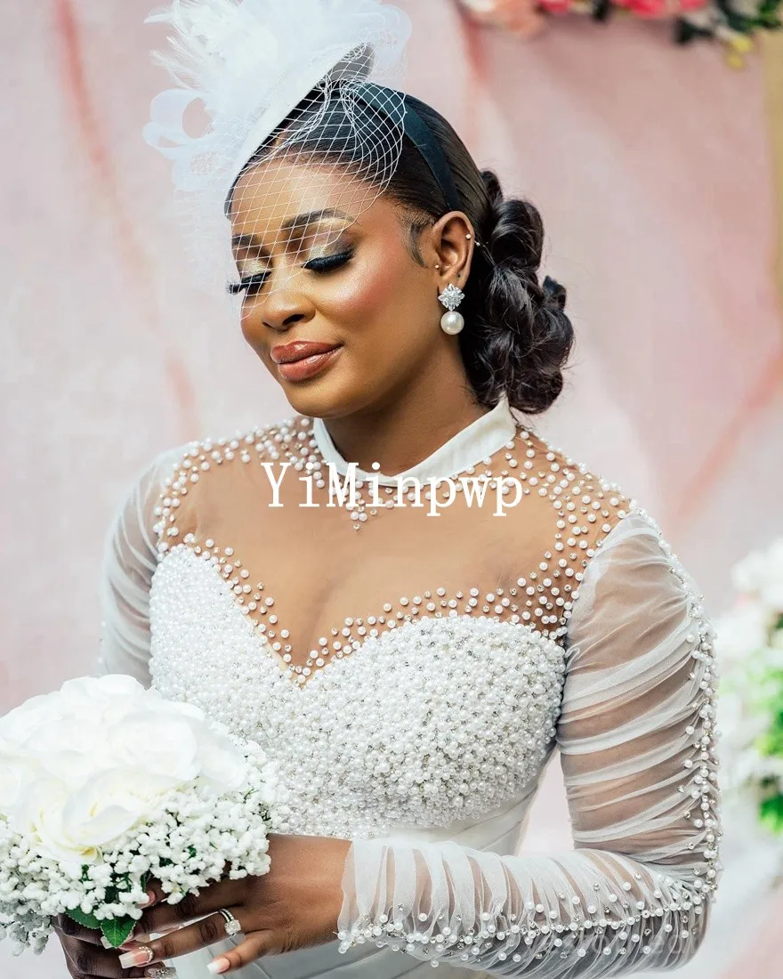 Robes de mariée civiles arabes pour mariée col haut manches longues longueur de thé perles plis afrique robe de mariée traditionnelle personnalisée
