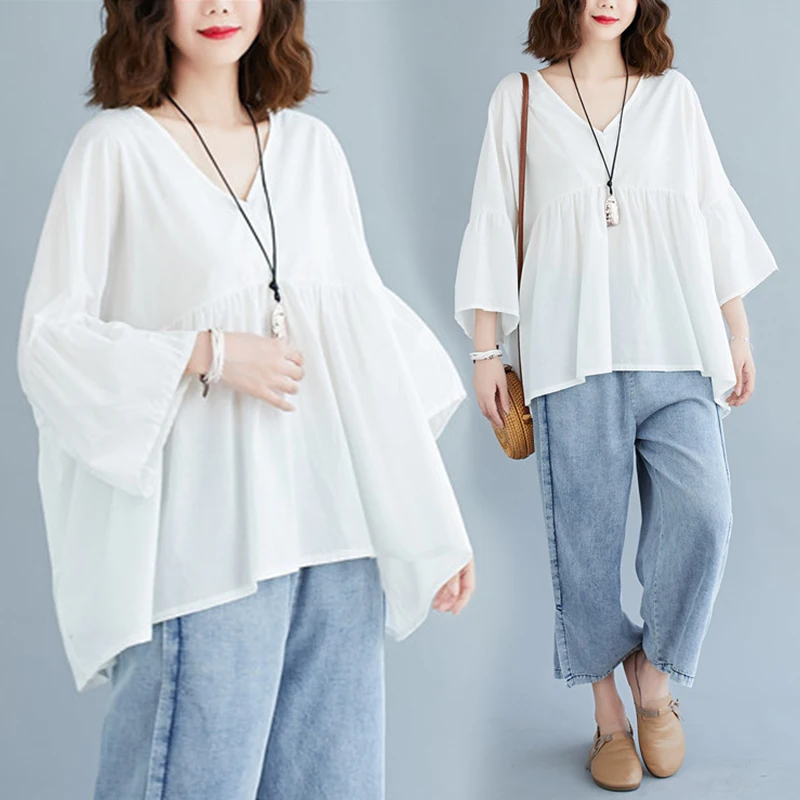 

High Waist Cotton Linen V-Ne T-irt plus Size Women's Faion Artistic Loose Fit Seven Quarter Sve Color Top