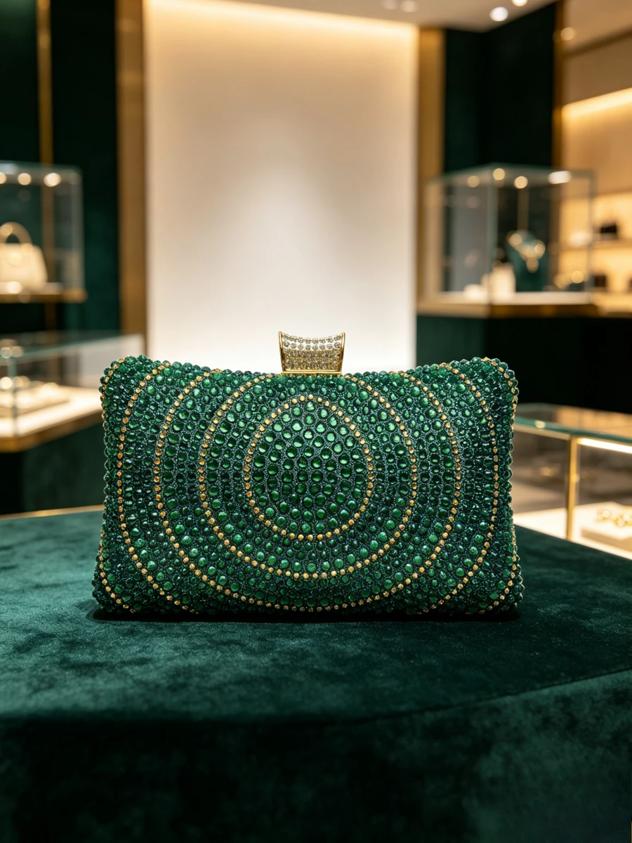 Dark Green Multi-concentric Circle Gold Ring Rhinestone Rectangle Lock Clutch Luxury Grand Evening Purse Mature Women Wedding
