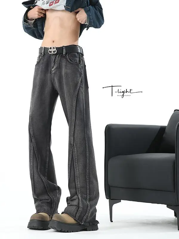 

American Sle Waed Distred Wide Leg Jeans Men's Micro Flared Retro Deconstructed Casual Trousers Youth Faion