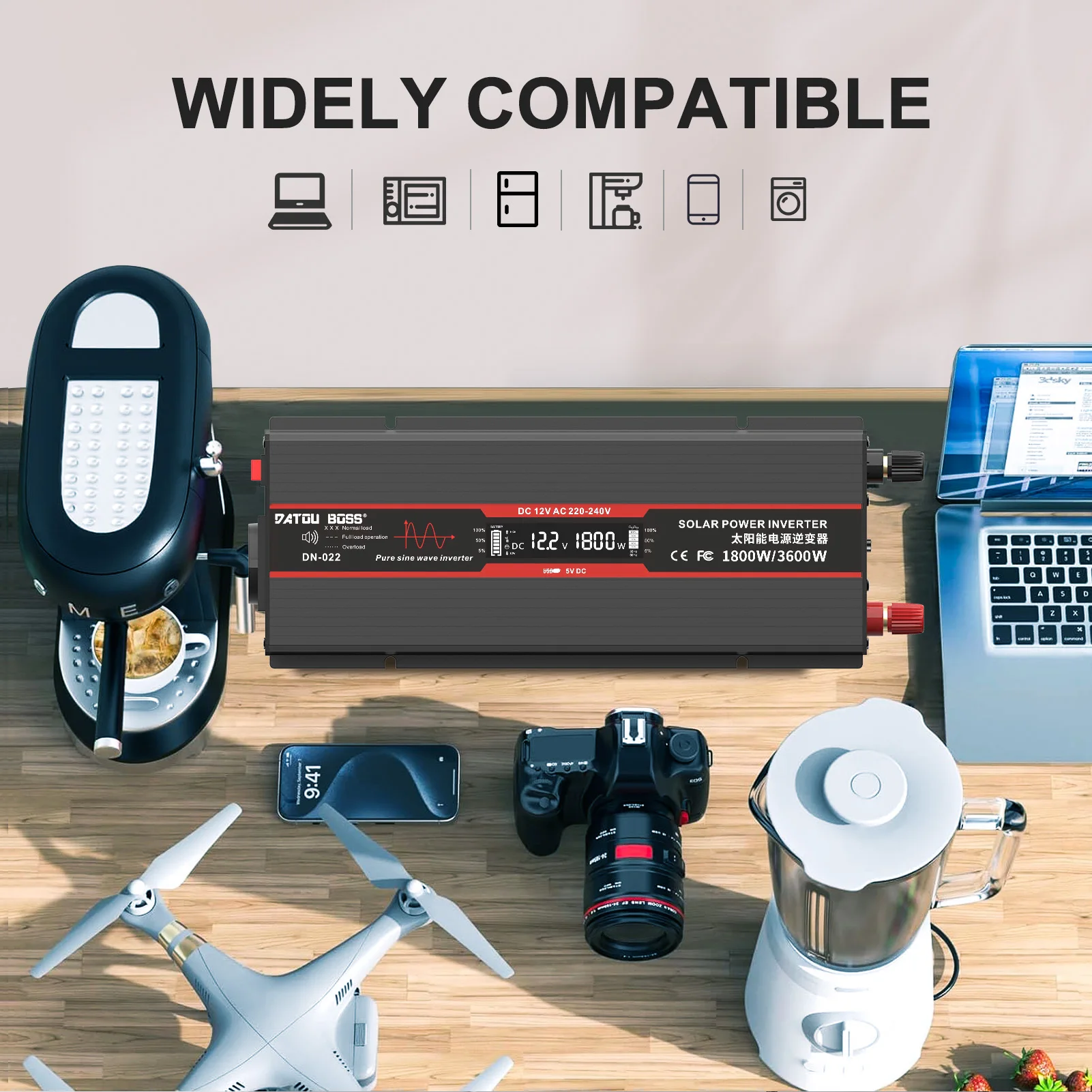 Convertitore a onda sinusoidale pura da 1800 W da 12 V a 220 V con porta USB integrata, terminale a filo rigido, display LCD, convertitore CA da 12 V CC a 230 V