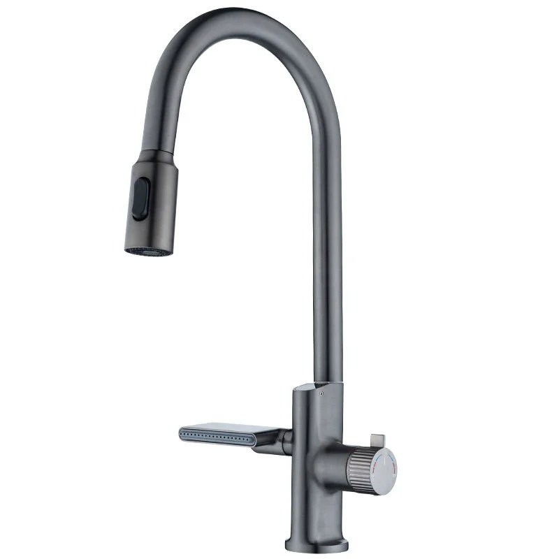 Kitchen Faucet Hot Cold Water Sink Mixer Tap Pull Out Stream Sprayer Waterfall Temperature Sensor Digital Display Kitchen Tap