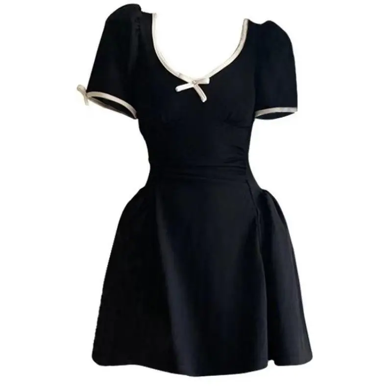 ريترو 2025 المرأة جولة الرقبة عالية الخصر مثير الجوف خارج مطوي ألف خط فساتين الصيف الأسود المرقعة قصيرة الأكمام القوس فستان قصير #5