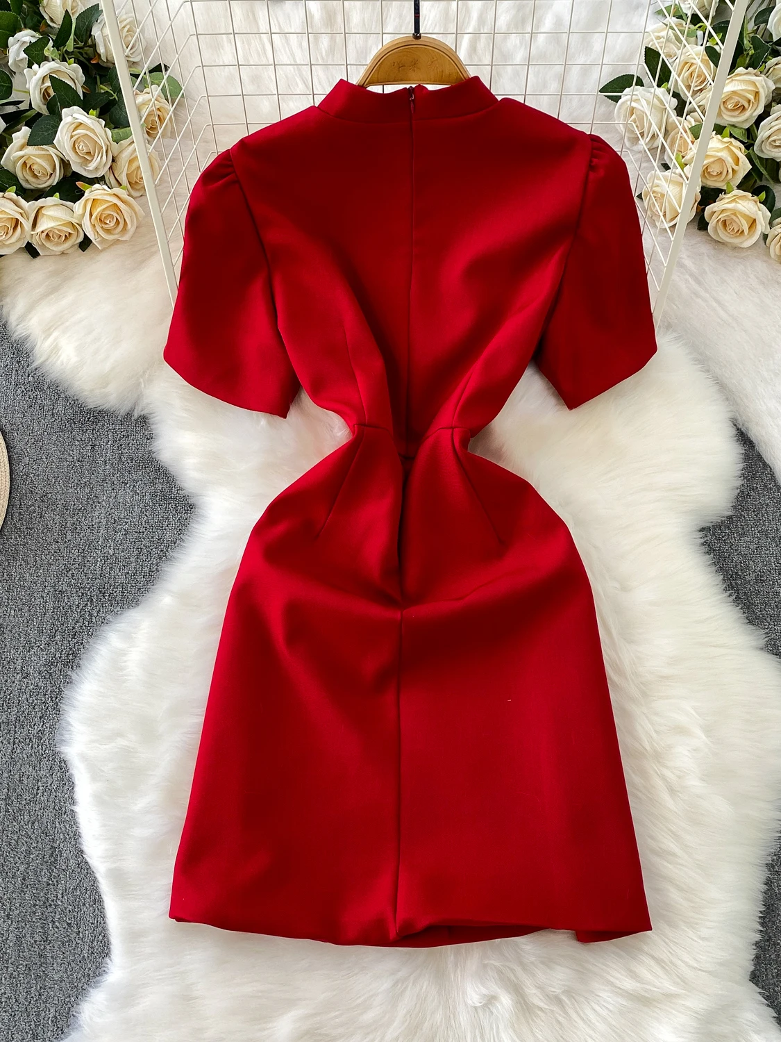 Retro Ele Stand Collar Bubble Sve Dr Mujer Otoño Invierno Adelgazante Envoltura alrededor de cintura alta Abotonada Ci Commute D...